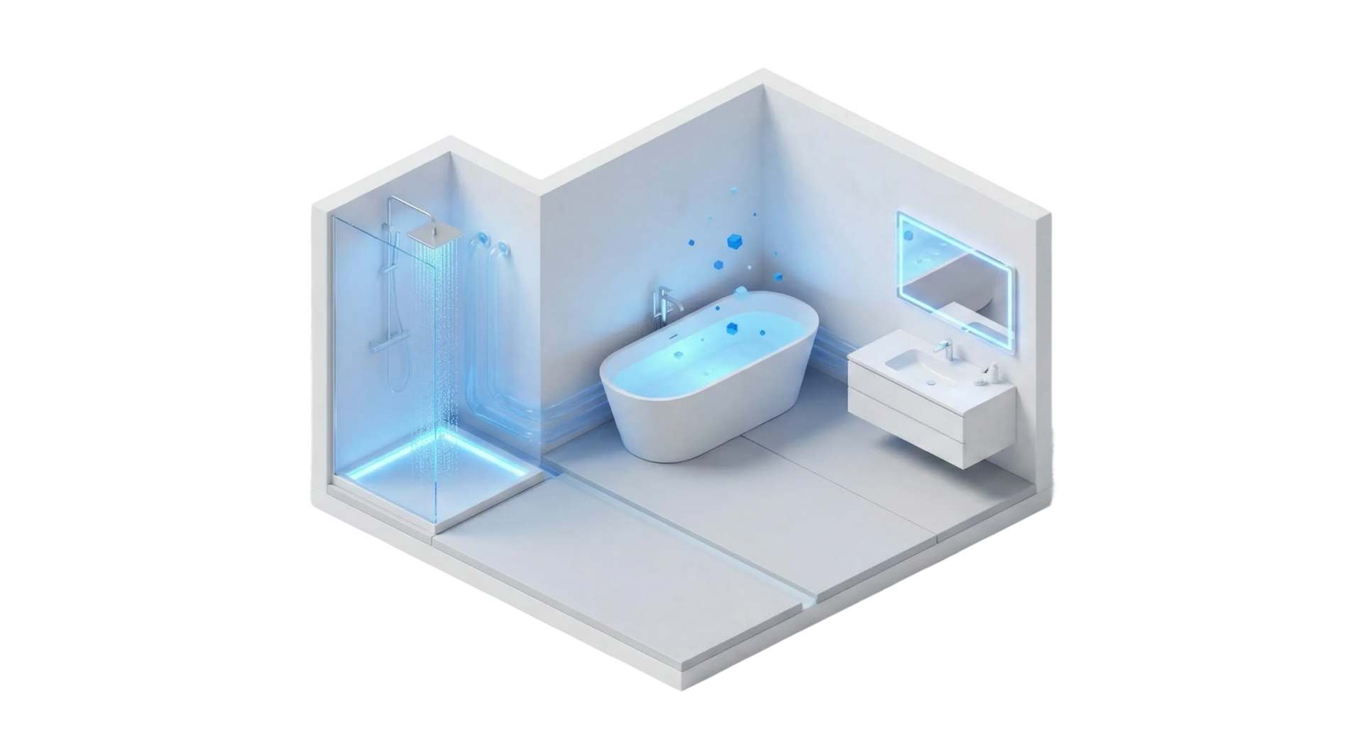 Isometrische 3D-Ansicht eines modernen, luxuri&ouml;sen Badezimmers. Es zeigt eine begehbare Regendusche mit blauem Licht, eine freistehende Badewanne mit blau leuchtendem Wasser und einen Waschtisch mit beleuchtetem Spiegel in einem minimalistischen Design.