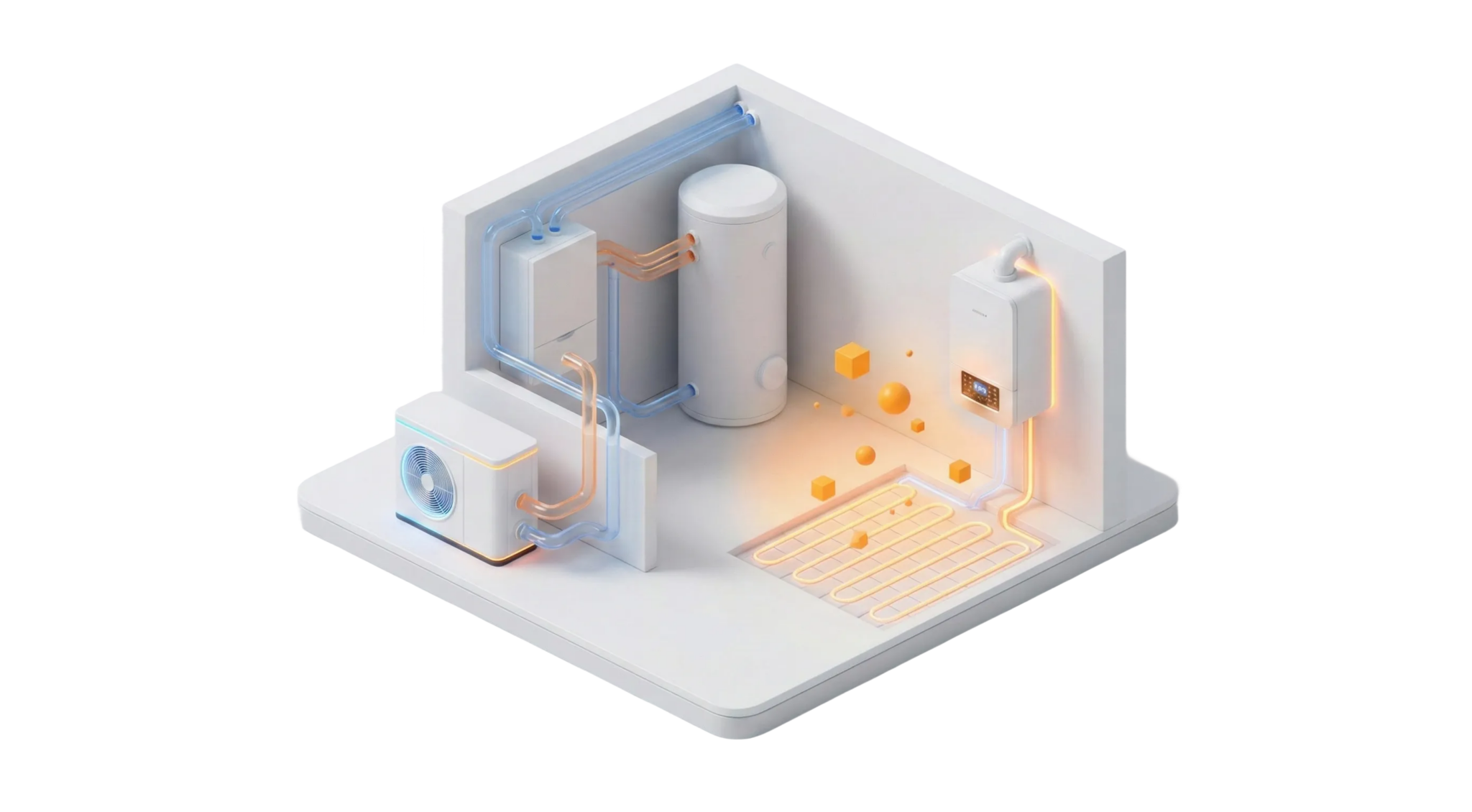 Isometrische 3D-Illustration eines sauberen Technikraums. Zu sehen sind eine moderne Luft-Wasser-W&auml;rmepumpe, ein Gas-Brennwertkessel und ein Warmwasserspeicher, die &uuml;ber transparente Rohre mit einer orange leuchtenden Fu&szlig;bodenheizung im Boden verbunden sind.