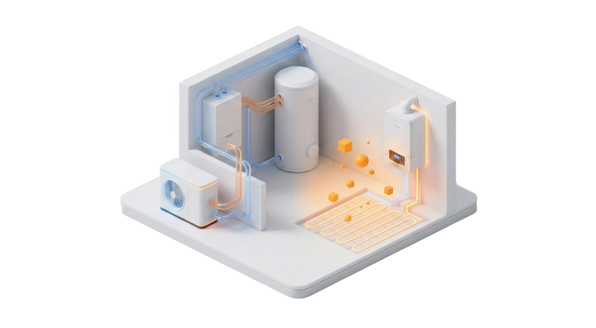 Isometrische 3D-Illustration eines sauberen Technikraums. Zu sehen sind eine moderne Luft-Wasser-W&auml;rmepumpe, ein Gas-Brennwertkessel und ein Warmwasserspeicher, die &uuml;ber transparente Rohre mit einer orange leuchtenden Fu&szlig;bodenheizung im Boden verbunden sind.