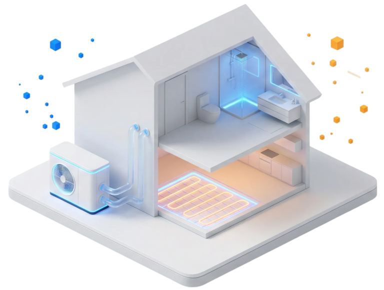 Isometrische 3D-Darstellung eines modernen Hauses im Querschnitt, die das Zusammenspiel von Haustechnik zeigt: Eine W&auml;rmepumpe ist &uuml;ber leuchtende Rohre mit einer orange strahlenden Fu&szlig;bodenheizung und einer blau beleuchteten Dusche im Badezimmer verbunden.
