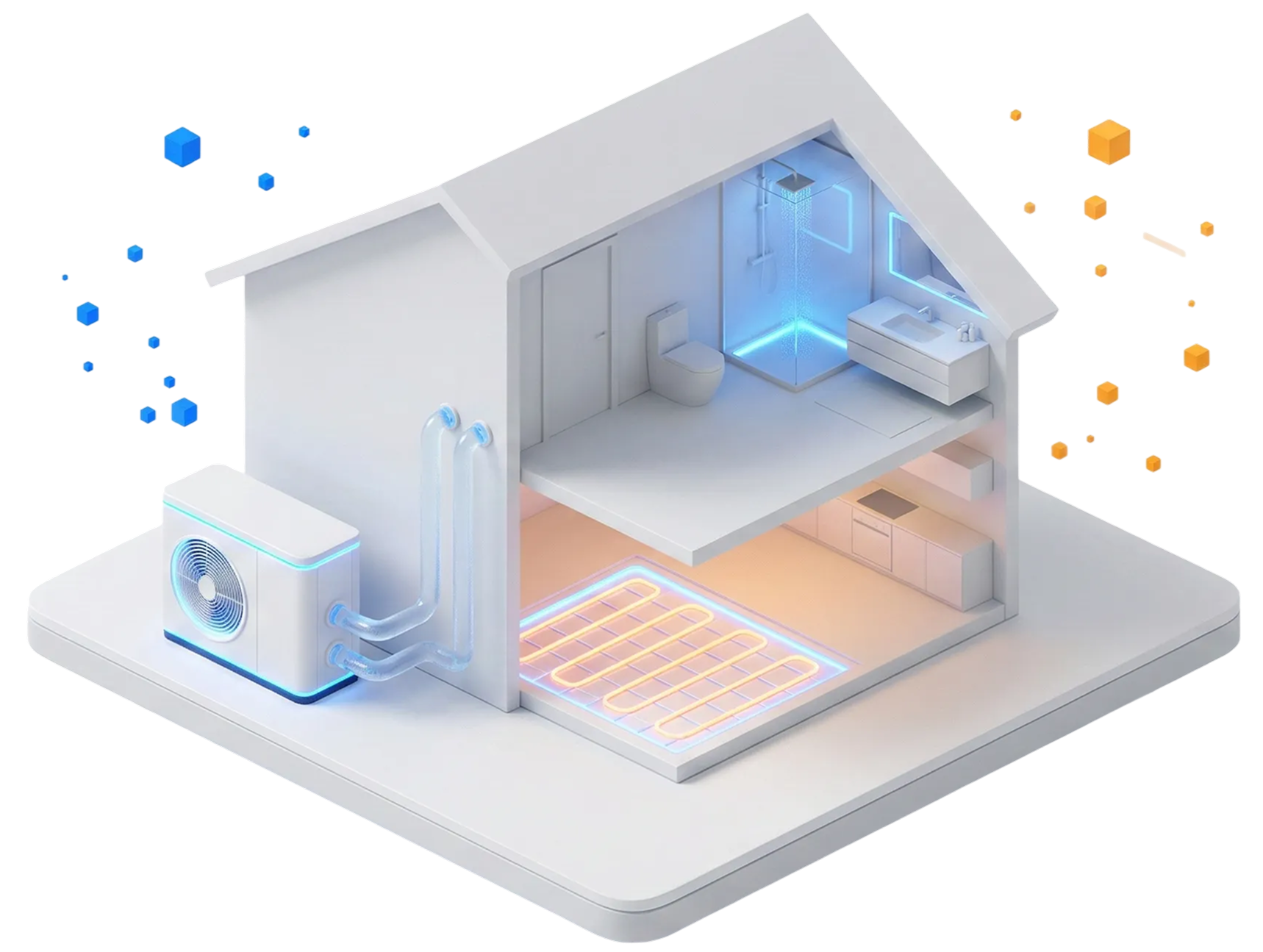 Isometrische 3D-Darstellung eines modernen Hauses im Querschnitt, die das Zusammenspiel von Haustechnik zeigt: Eine W&auml;rmepumpe ist &uuml;ber leuchtende Rohre mit einer orange strahlenden Fu&szlig;bodenheizung und einer blau beleuchteten Dusche im Badezimmer verbunden.