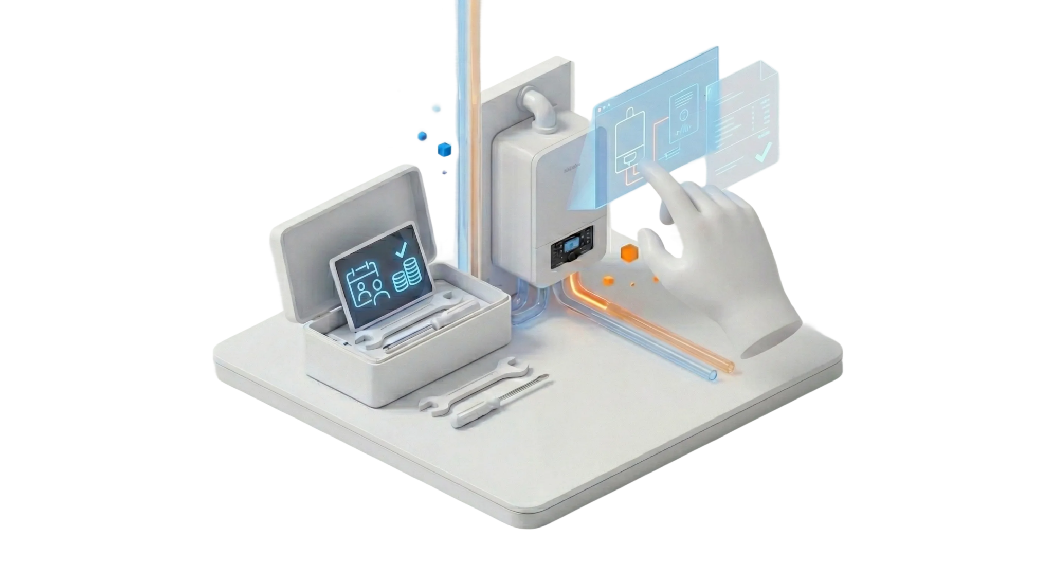Isometrische 3D-Illustration im sauberen Stil: Eine stilisierte wei&szlig;e 3D-Hand interagiert mit einem holografischen Interface &uuml;ber einem modernen Heizkessel. Daneben steht ein Werkzeugkoffer mit Schraubenschl&uuml;sseln und einem Tablet, das abstrakte Diagnose-Icons anzeigt.