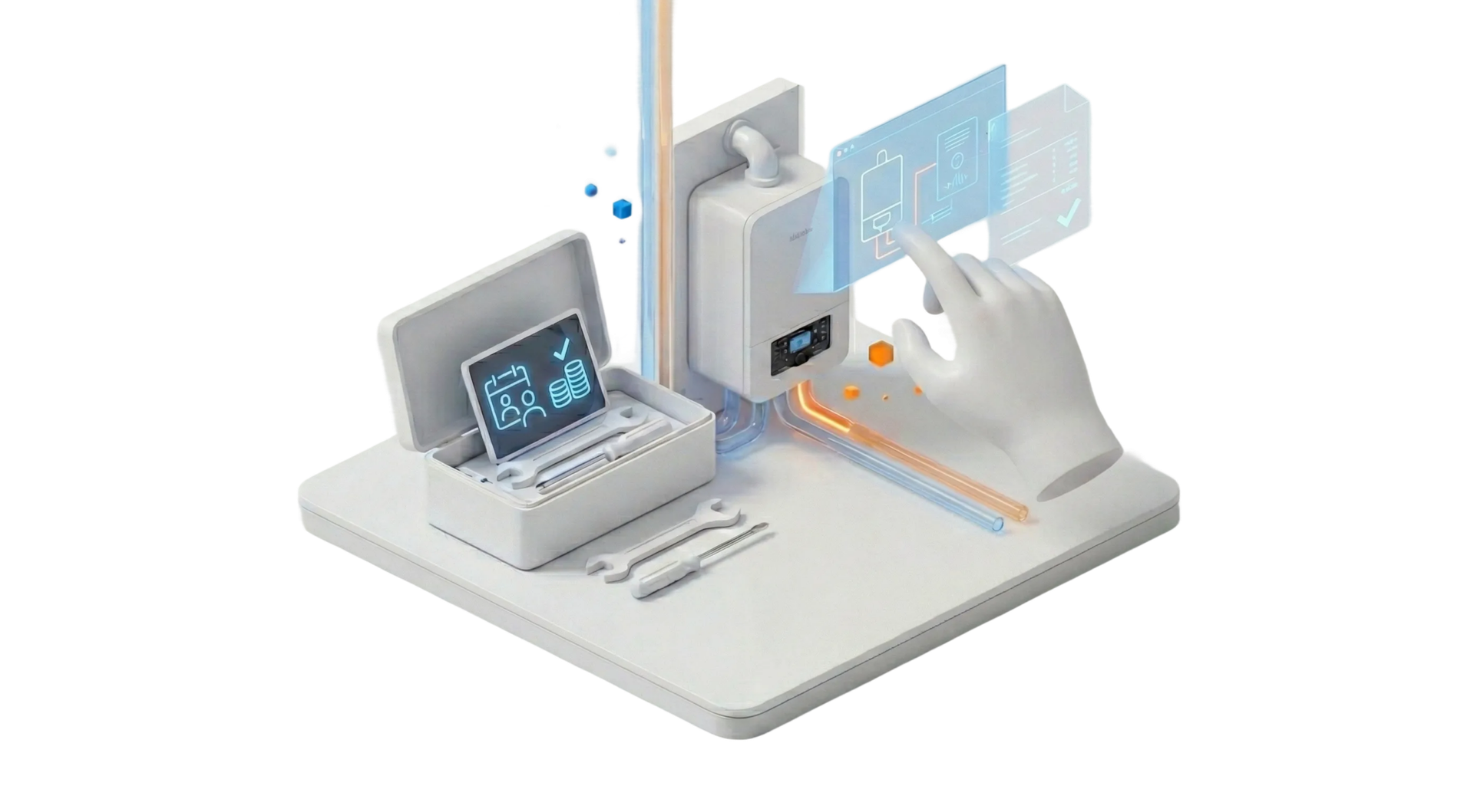 Isometrische 3D-Illustration im sauberen Stil: Eine stilisierte wei&szlig;e 3D-Hand interagiert mit einem holografischen Interface &uuml;ber einem modernen Heizkessel. Daneben steht ein Werkzeugkoffer mit Schraubenschl&uuml;sseln und einem Tablet, das abstrakte Diagnose-Icons anzeigt.